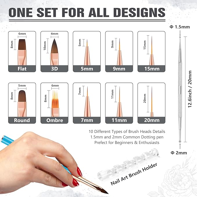 Nail Art Bushes Set, Professional 5Pcs Double-Ended Nail Brush Kit for Details, Long Lines, Ombre & 3D Design-Perfect for DIY Manicures & Salons (Blue)-VivaGrace Women