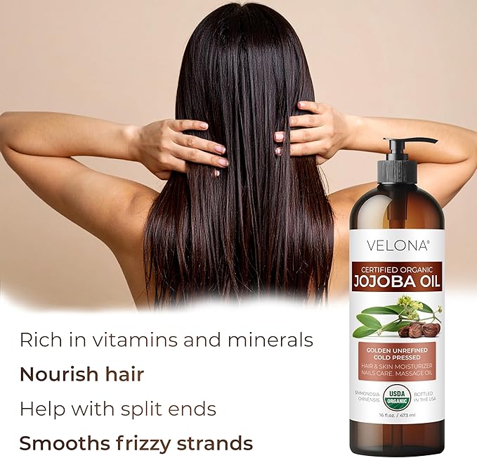 velona Jojoba Oil USDA Certified Organic - 16 fl oz (With Pump) | 100% Pure and Natural | Golden, Unrefined, Cold Pressed, Hexane Free | Moisturizing Face, Hair, Body, Skin Care-VivaGrace Women