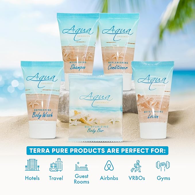 | Aqua Organics Hotel Soaps and Toiletries Bulk Set | Amenities for Hotels & Airbnb | 1oz Hotel Shampoo & Conditioner, Body Wash, Body Lotion & 1oz Bar Soap Travel Size | 5 Pieces-VivaGrace Women
