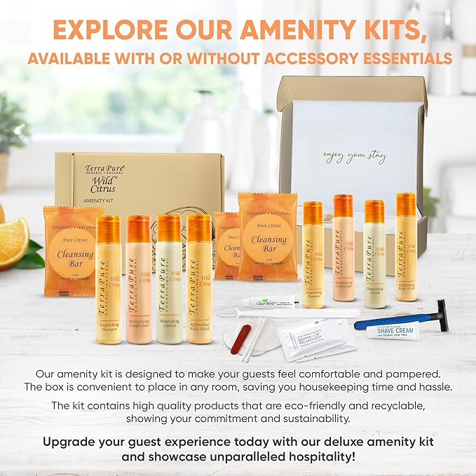 Terra Pure Amenity & Accessory Kit |1 oz Travel Size Shampoo, Conditioner, Lotion, Body Wash, 2 Cleansing Bars, Shave & Dental Sets, Make-Up Remover Wipes, & Vanity Kit | 15 sets per case-VivaGrace Women