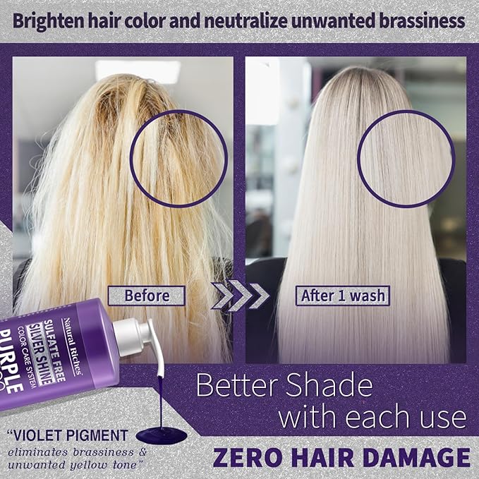 Natural Riches Radiant Silver Shine Purple Shampoo and Conditioner Set for Gray Hair - Paraben-Free and Color Safe – With Silk Proteins, Tones Dull Hair, Softens & Adds Shine - 16 fl oz-VivaGrace Women