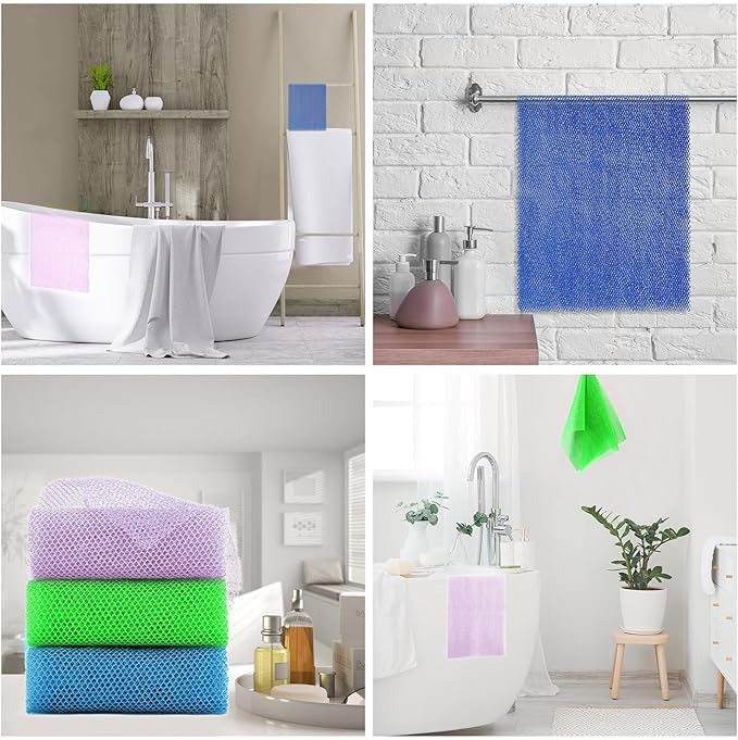 UJFQBH 3 Pieces African exfoliating net African Net Long Net Bath Sponge Exfoliating Shower Body Scrubber Back Scrubber Skin Smoother,Great for Daily Use (Purple, Blue, Green)-VivaGrace Women