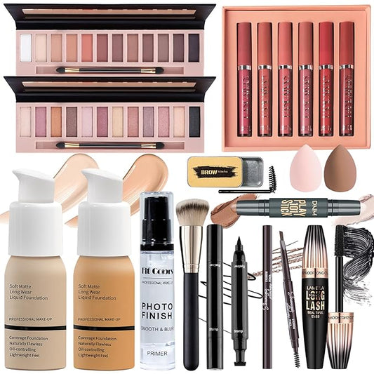 Full Makeup Set Kit for Women Girls Teens, Makeup Present Set, Foundation Face Primer, Eyeshadow Eyeliner Eyebrow Pencil Soap Mascara, Counter Stick Liquid Lipsticks, Brush & Sponges-VivaGrace Women