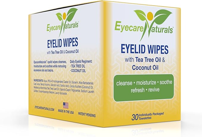 Tea Tree Oil Eyelid Wipes with Coconut Oil - Dry Eye Wipes No Rinse, Natural Essential Oil Cleansing Eye Wipes - Daily Eyelid Makeup Remover - Box of 30 Individually Wrapped Wipes