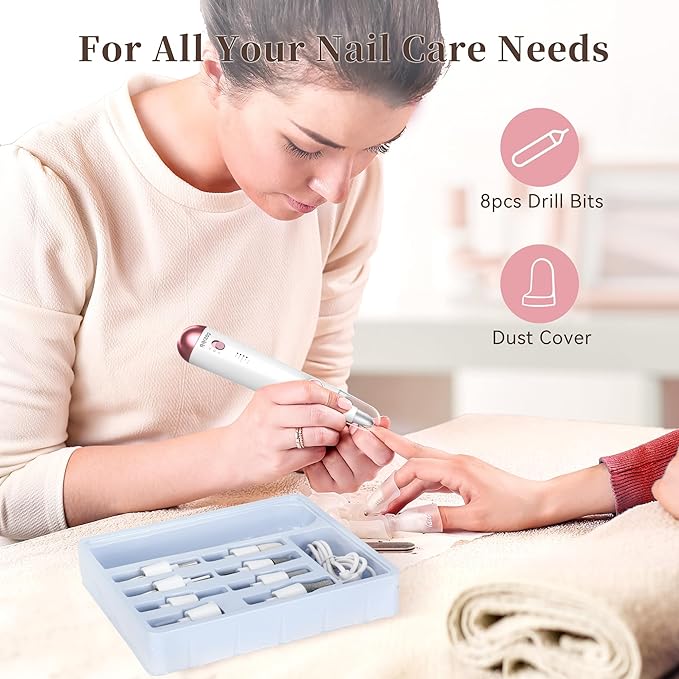 Electric Nail Drill, 8-in-1 Cordless Electric Nail File with LED Light, 5 Speeds Rechargeable Manicure and Pedicure Kit Hand Foot Care Tool for Nail Grinder Trim Polish for Women Baby-VivaGrace Women
