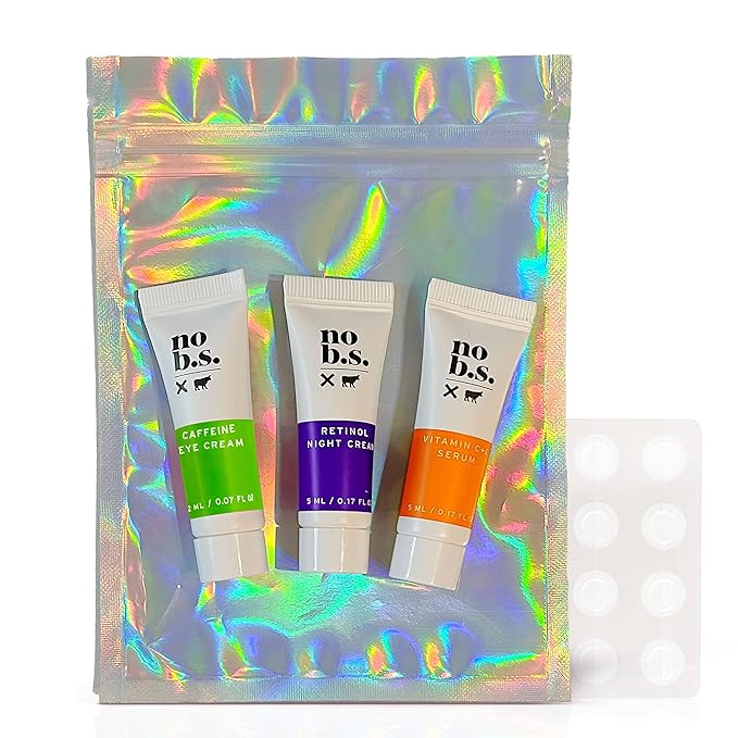 No B.S. (No Bad Stuff) Skincare Minis Kit, Vitamin C & E Serum with Hyaluronic Acid, Retinol Night Cream, Caffeine Eye Cream & Invisible, Waterproof Acne Patches, 4 Product Trial Size-VivaGrace Women