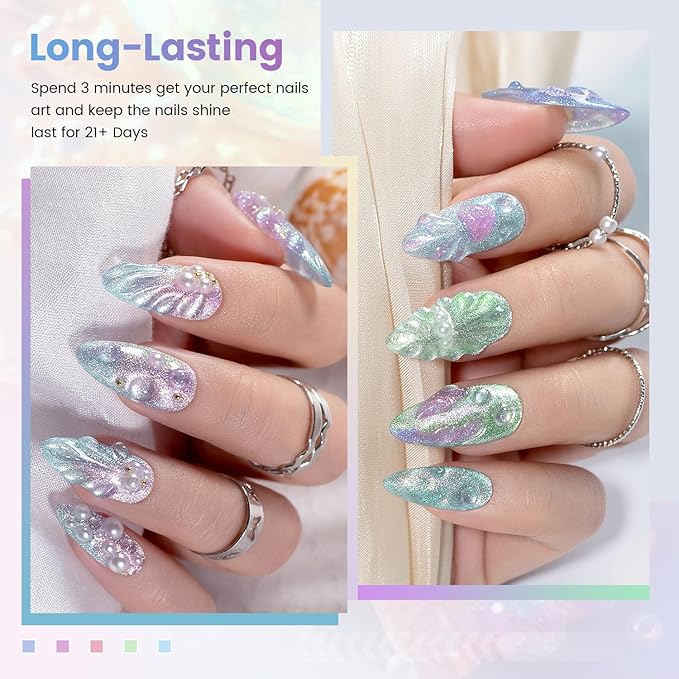 RARJSM Aurora Mermaid Cat Eye Gel Nail Polish Set 6 Colors Velvet Silver Glitter Pink Green Blue Purple Galaxy Star Shimmer Gel Polish with Magnetic Stick UV LED Curing Requires Soak Off Home Salon-VivaGrace Women