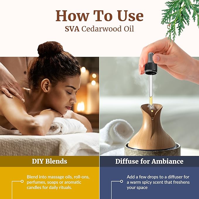 SVA Cedarwood Essential Oil – 4 Fl Oz – 100% Natural Cedar Cupressus Funebris Oil - for Diffuser, Hair Care, Face, Skin Care, Aromatherapy, Scalp and Body Massage, Soap and Candles - with Dropper-VivaGrace Women