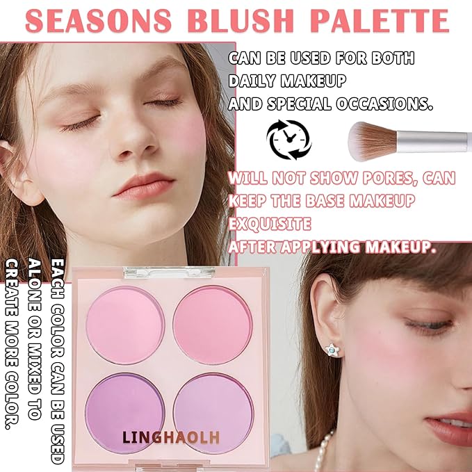 4 Colors Blush Palette for Cheeks,Face Matte Contour Blush Makeup Palette,Buildable Shimmer Facial Cheek Blusher Shades,Blendable Cosmetic Makeup Blush with Blush Brush 02-VivaGrace Women