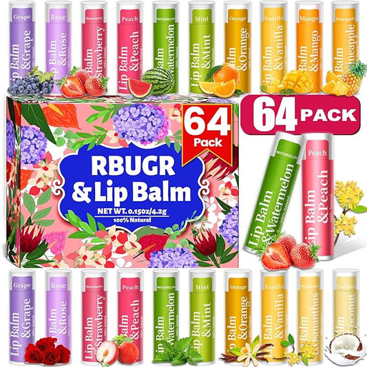 64 Pack Lip Balm, 12 Flavored Organic Natural Lip Balm Bulk Set with Coconut Oil, Moisturizing Lip Balms for Dry Cracked Lips,Bulk Lip Balms Hydrating for Gifts Party Favors(4.2g/0.15oz)-VivaGrace Women