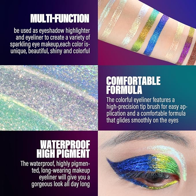 Multichrome Liquid Eyeshadow Set, 3 Colors Multi-Dimensional Eye Liner Makeup, High Pigment Waterproof Metallic, Ultra Fine Tip Glitter (104+105+106)