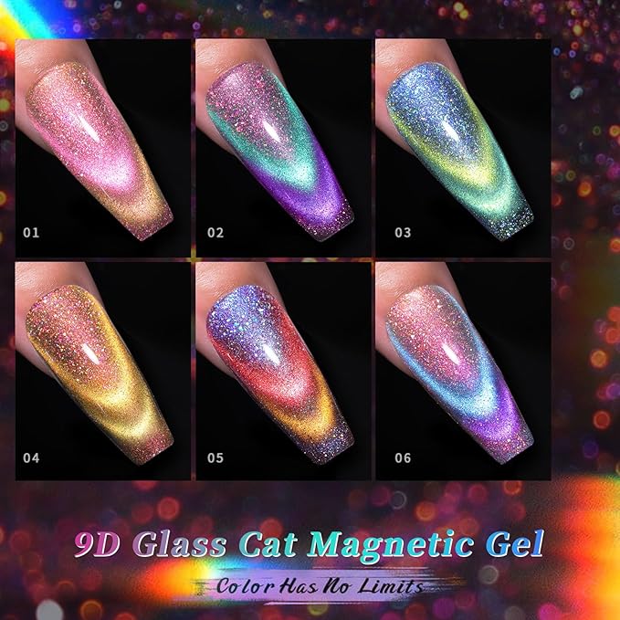 Born Pretty Cat Magnetic Gel Nail Polish 9D Chameleon Holorgraphic Cat Magnetic Eye Gel Polish Glitter Gel Polish Set 6PCS-VivaGrace Women
