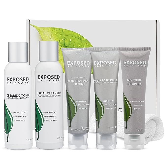Exposed Skin Care Expanded Acne Treatment Kit - Includes Salicylic Acid Face Wash, Clearing Tonic, Treatment Serum with Benzoyl Peroxide, Clear Pore Serum, Moisture Complex - Made for All Skin Types-VivaGrace Women