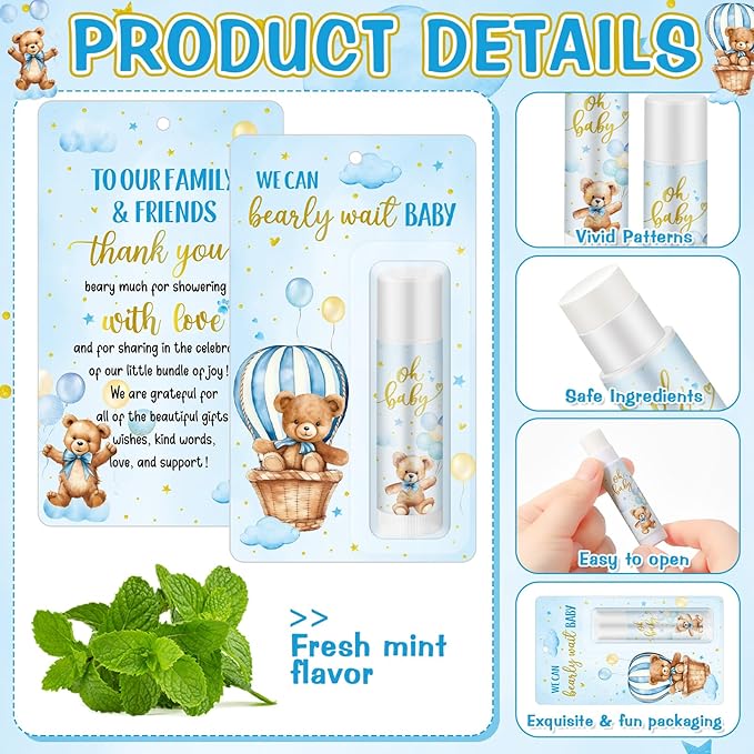 50 Pack Baby Shower Lip Balm Bulk Bear Baby Shower Favors Baby Mint Flavor Lip Balm Baby Shower Gifts for Guest Bear Themed Baby Shower Thank You Gifts Girls Boys Games Gender Reveal Favors-VivaGrace Women