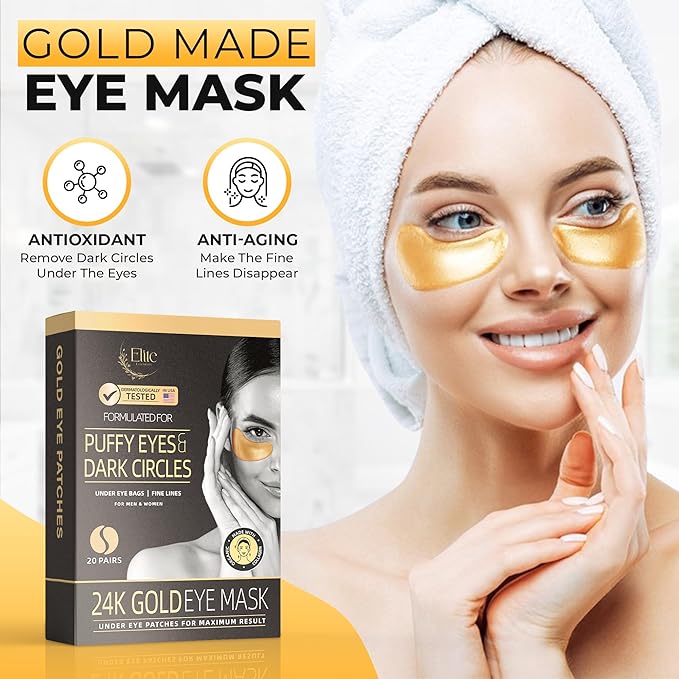 24k Gold Eye Mask - Under Eye Patches for Dark Circles, Puffiness, and Wrinkles - 20 Gold Eye Patches for Puffy Eyes with Collagen and Amino Acids for Intense Hydration and Firming-VivaGrace Women