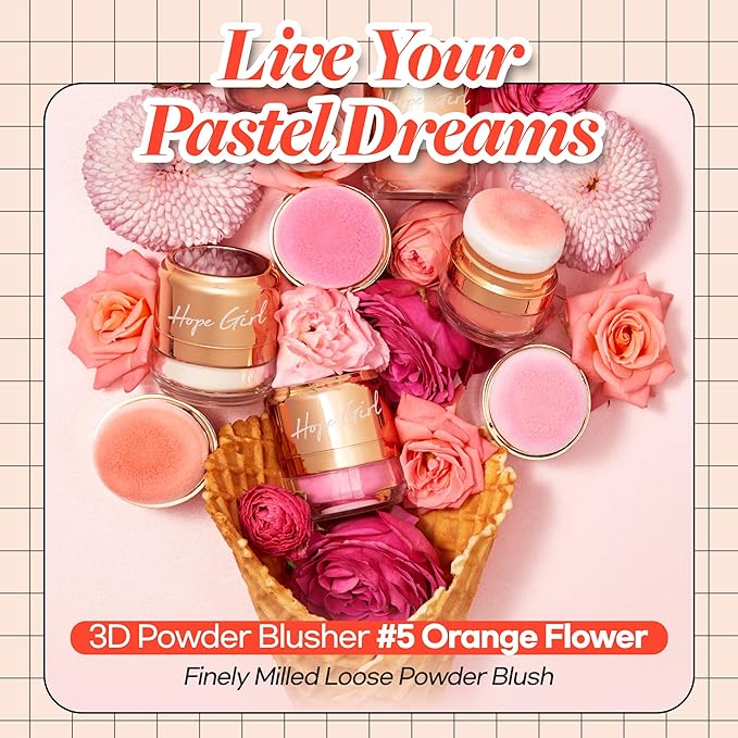 Hope Girl 3D Powder Blusher 0.17oz | Skin-Loving Korean Mini Blush for Cheeks and Eye Makeup w/Allantoin | K Beauty Cool Toned Vibrant Sunkissed Fine Powder Makeup Blush Cosmetics (#05 Orange Flower)-VivaGrace Women