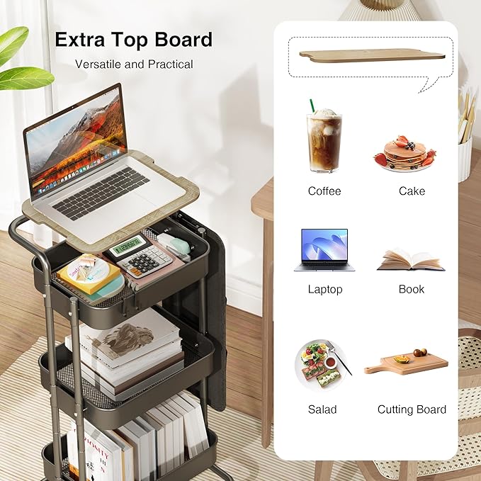 DTK 3 Tier Metal Utility Rolling Cart with Table Top and Side Bags, Tray Storage Organizer Wheels, Art Craft 4 Hooks for Kitchen Bathroom Office Living Room (Black)-VivaGrace Women