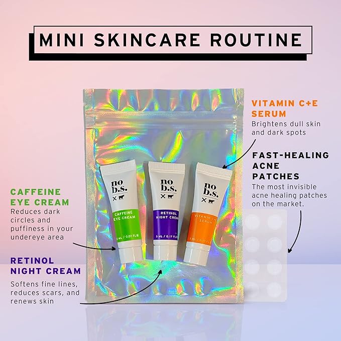 No B.S. (No Bad Stuff) Skincare Minis Kit, Vitamin C & E Serum with Hyaluronic Acid, Retinol Night Cream, Caffeine Eye Cream & Invisible, Waterproof Acne Patches, 4 Product Trial Size-VivaGrace Women