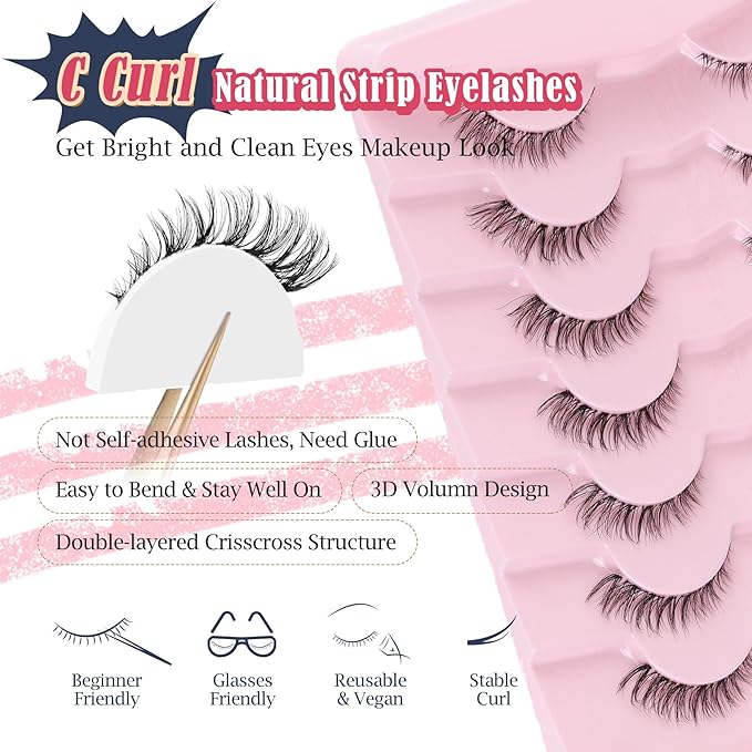 Cat Eyelashes Wispy False Eyelashes Natural 12mm Short Lashes with Thin Band Fake Eyelash 3D Volume Strip Lashes Siligli Eyelash Pack 7 Pair-VivaGrace Women