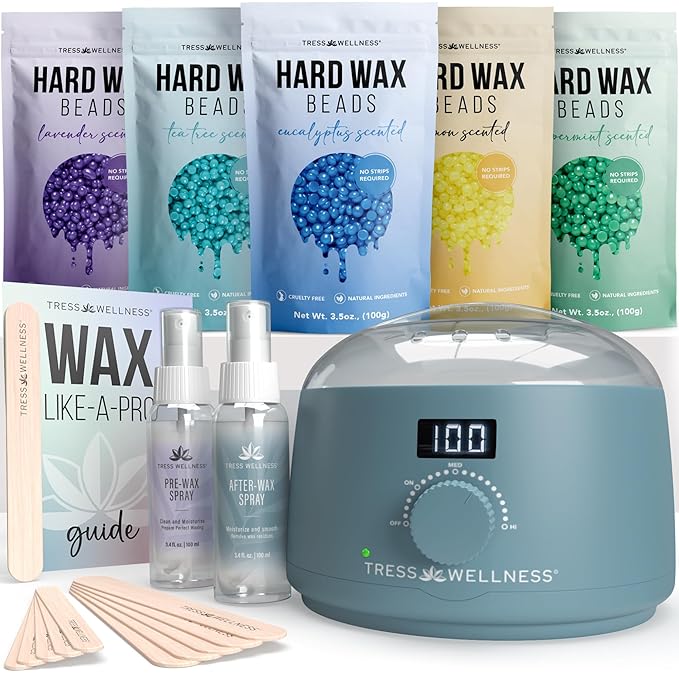 Tress Wellness Waxing Kit for Sensitive Skin – Safe for Face & Skin, Prep & Aftercare Spray, Easy to Use – At-Home Kit for Face, Bikini, Brazilian & Full Body - Digital Display, Blue-VivaGrace Women