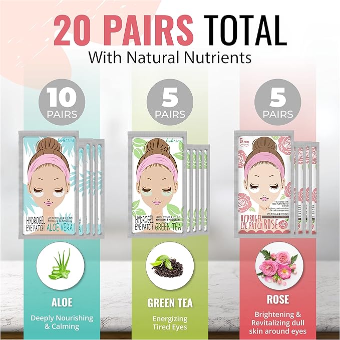 Under Eye Patches for Dark Circles and Puffiness (20 Pairs) - Korean Skin Care Caffeine Collagen Eye Patches for Puffy Eyes -Hydrogel Eye Patch - Under Eye Mask - Aloe Vera Rose Green Tea Gel Eye Pads-VivaGrace Women