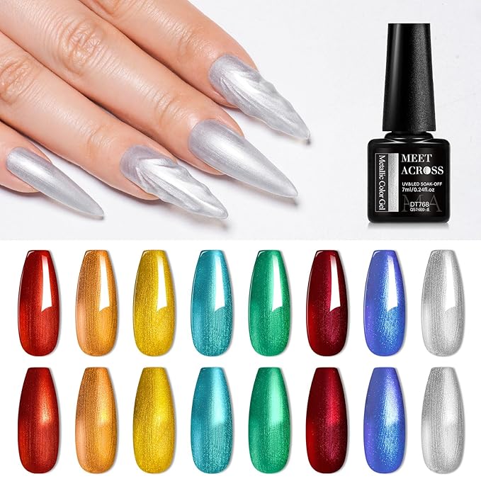 MEET ACROSS 12pcs Gel Nail Polish Set,Soak Off UV LED Lamp Gel Nail Polish Kit,Fashion Shimmer Nail Art Design Gifts for Women Manicure Salon (metalized)