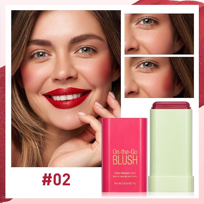Blush Stick for Cheeks - Cream Makeup Blush Wand, Solid Moisturizer Stick for Cheeks Tint, Natural Blendable Waterproof Korean Matte Long-Lasting Smooth Blushes (#02 Hot Red)-VivaGrace Women