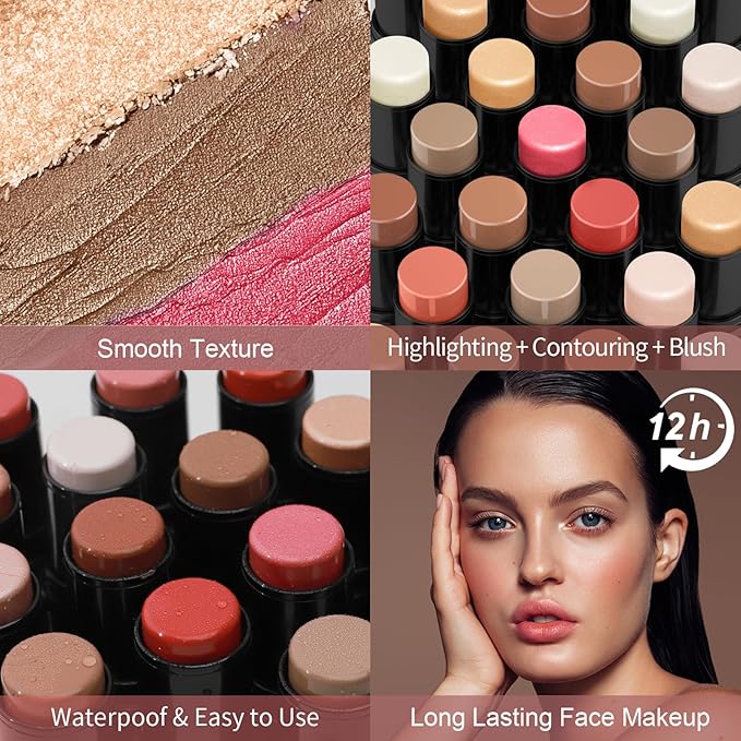 3 Pcs Face Contour Stick Kit, Matte Finish Face Stick Trio with Bronzer Blush Highlighter and Brush, Long Lasting Waterproof Cream Beauty Wand Makeup Set for Sculpt Glowing Face Look (#2, 7, 11)-VivaGrace Women
