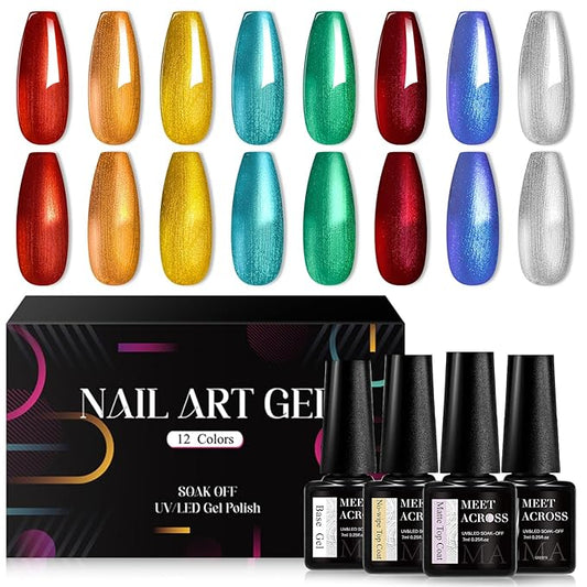 MEET ACROSS 12pcs Gel Nail Polish Set,Soak Off UV LED Lamp Gel Nail Polish Kit,Fashion Shimmer Nail Art Design Gifts for Women Manicure Salon (metalized)