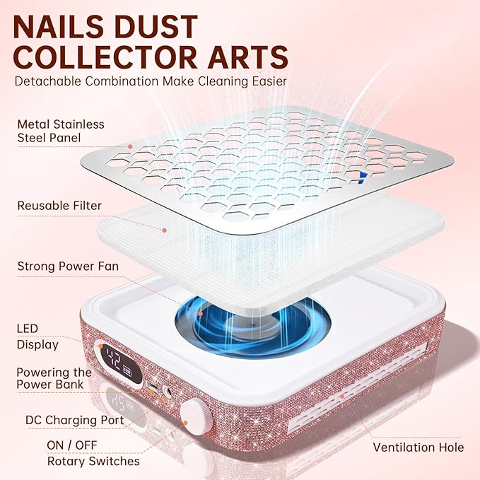 Nail Dust Collector, Rechargeable Dust Collector Nail Tech, Powerful Vacuum Fan Vent Dust Collector Extractor Dust Suction Machine for Acrylic Nails Polishing, Nail Salon&Home, Pink-VivaGrace Women