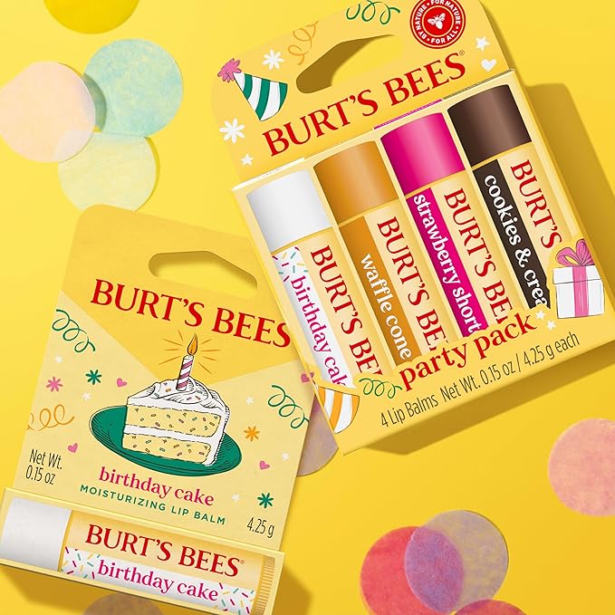 Burt's Bees Lip Balm Party Pack - Birthday Cake, Waffle Cone, Strawberry Shortcake, and Cookies & Cream, All Day Moisturizer, Tint-Free, Natural Origin Conditioning Lip Treatment, 4 Tubes, 0.15 oz.-VivaGrace Women