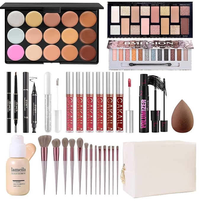Makeup Present Set for Teen Girl Women, Travel Makeup Kit, Makeup Full Kit for Beginner, Makeup Bundle Include 2 Matte & Shimmer Eyeshadow Palettes, Liquid Glitter Eyeshadow & Eyeliner-VivaGrace Women