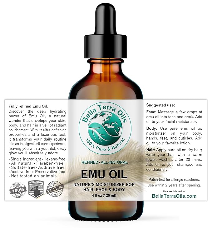 Bella Terra Oils - Emu Oil 4 oz - Genuine Pure Australian Emu, Infused with Linoleic & Oleic Acid, Perfect Companion for Lustrous Skin-VivaGrace Women
