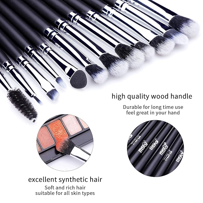 MSQ Eye Makeup Brushes 12pcs Eyeshadow Makeup Brushes Set with Soft Synthetic Hairs & Real Longer Wood Handle for Eyeshadow, Eyelash,Eyebrow, Eyeliner, Blending, Conclear(Black)-VivaGrace Women