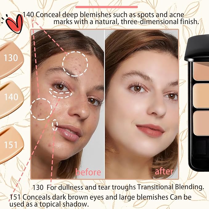 3 Colors Corrector Palette,Moisturizing Long Lasting Waterproof Cream Contour Makeup Palette,Color Correcting Concealer,Natural Flawless Full Coverage Liquid Foundation Set with Makeup Brushes-VivaGrace Women