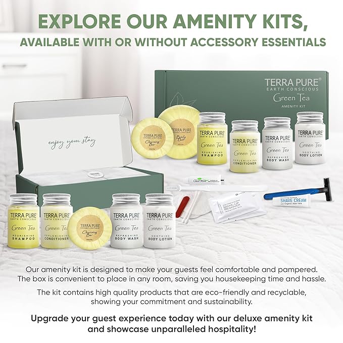 Terra Pure Green Tea Amenity & Accessory Kit | 1 oz Travel Size Shampoo, Conditioner, Lotion, Body Wash, 2 Soap Bars, Shave & Dental Sets, Make-Up Remover Wipes, & Vanity Kit | 1 set per case-VivaGrace Women