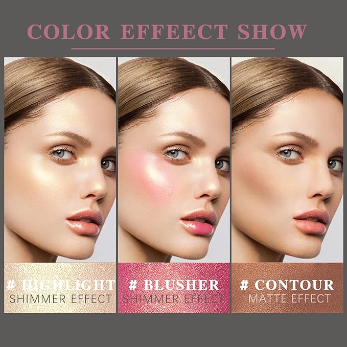 3Pcs Contour Highlighter Cream Blush Stick for Cheeks Eyes Lips Lightweight Dewy Finish Blush Stick Waterproof Long Lasting Contour Stick Trio Wand Face Makeup Set for Girls and Women (1+3+4)-VivaGrace Women