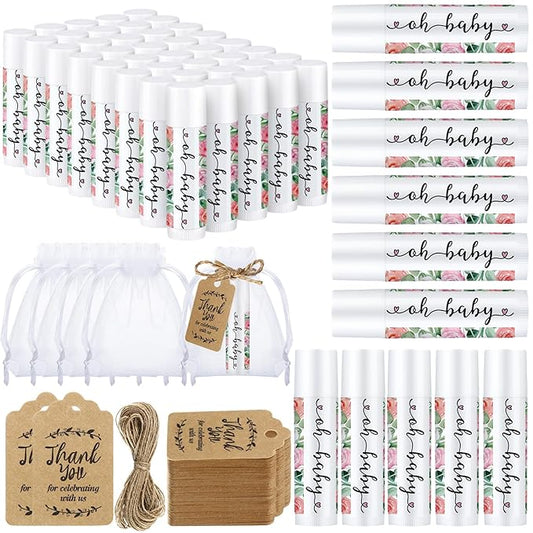 Demissle 50 Pcs Baby Shower Lip Balm Gift Set with 100 Pcs Organza Bags Baby Shower Party Favor for Guest Thank You Tag Rope Baby Shower Party Decoration Gender Reveal Souvenirs(Watercolor Flower)-VivaGrace Women