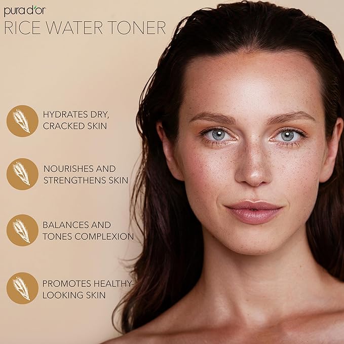 PURA D'OR 3.3 Oz Rice Water Facial Toner - Hydrating, Balancing & Soothing Formula with Natural Extracts - Skin Texture Support for Radiant Skin - Alcohol-Free - Travel Size-VivaGrace Women
