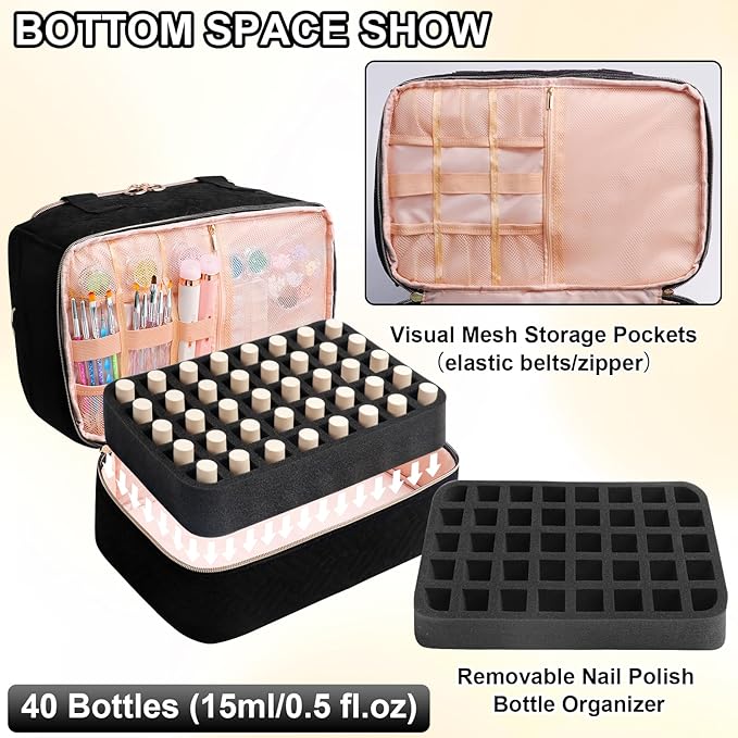 Nail Polish Organizer Bag Holds 50 Bottles (15ml/0.5fl.oz)& Nail Lamp, Soft Velvet Nail Kit Storage Carrying Case with Shoulder Strap, Double Layer Nail Supplies Organizer Handbag Women Black