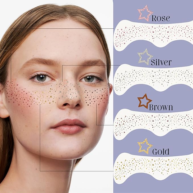 Glitter Freckles Face Tattoo, 10 Pcs Silver Face Glitter Freckles for Women, Festival Outfits for Women Rave Accessories Fake Tattoos, Sparkle Makeup Patches, Waterproof Speckles Patches,Mini Makeup-VivaGrace Women