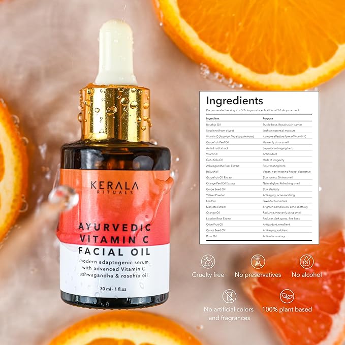 Ayurvedic Vitamin C Face Oil with Rosehip Oil, Bakuchiol, Ashwagandha, and Squalane, Hydrating, Brightening, and Repairing Serum for Dark Spots, Fine Lines, and Wrinkles, Clean Luxury Skincare-VivaGrace Women