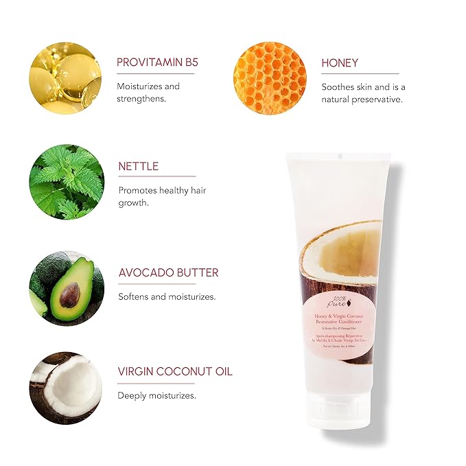 100% PURE Honey & Virgin Coconut Restorative Conditioner Moisturizer & Repair Replenishing Nutrient Boost for Dry Damaged Hair, Promotes Healthy Growth for Women & Men - Sulfate Free - 8 Fl Oz-VivaGrace Women