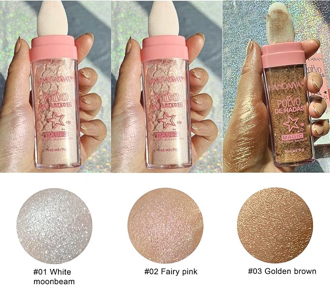 Polvo De Hadas - Body Glitter Highlighter Powder Fairy Stick for Makeup Shimmer and Shine High Gloss Blush Contour Powder Makeup - 3 Colors Sparkle Patting Powder For Hair Face Eyes Body-VivaGrace Women