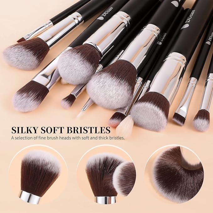 DUcare 15pcs Classic Black Makeup Brush Set with Bag Professional Soft Synthetic Foundation, Blending, Eyeshadow, Powder, Concealer Brushes for Flawless Makeup Application-VivaGrace Women