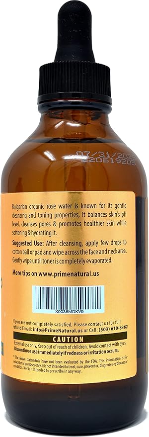 PRIME NATURAL Rose Water Spray 4oz/120ml, USDA Certified Organic, Facial Toner, Hydrating Mist for Face & Hair - Bulgarian, 100% Pure, Natural, Preservative-Free, Moisturizer from Fresh Rose Petals-VivaGrace Women