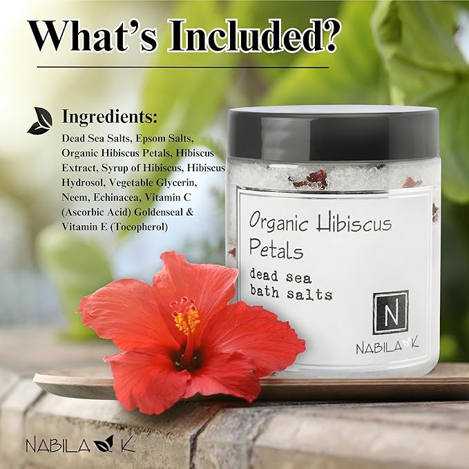 Organic Hibiscus Petals Bath Salts by Nabila K - Dead Sea Salt & Epsom Salt Scrub & Soak - Exfoliates & Hydrates Skin, Botanical Essential Oils - Bubble Bath Accessories for All Skins Types, 2 oz-VivaGrace Women