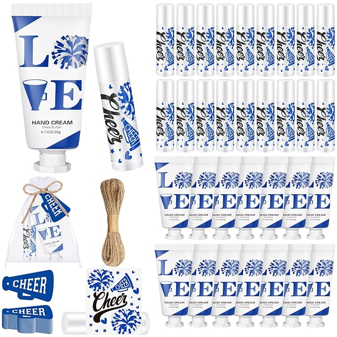 144 Pcs Blue Cheer Favors Natural Bulk Lip Balm and Hand Cream Set, Include 36 Lip Balm 36 Moisturizing Hand Cream 36 Bags 36 Card and Rope cheer accessories for Team Sports Party Supplies-VivaGrace Women