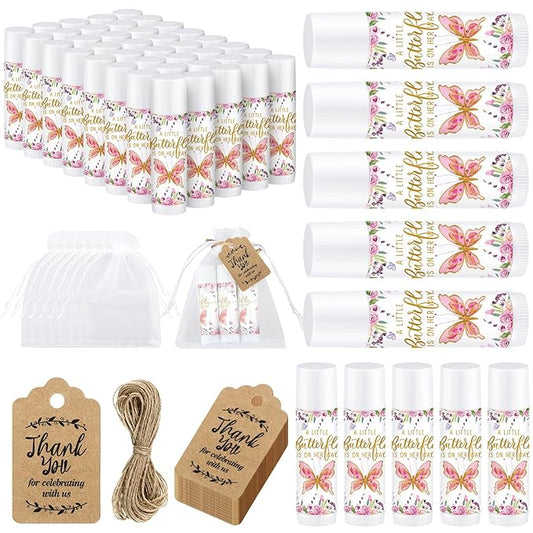 Demissle 50 Pcs Baby Shower Lip Balm Gift Set with 100 Pcs Organza Bags Baby Shower Party Favor for Guest Thank You Tag Rope Baby Shower Party Decoration Gender Reveal Souvenirs (Butterfly)-VivaGrace Women