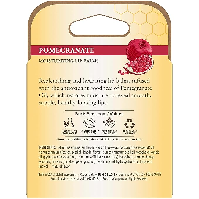 Burt's Bees Lip Balm - Pomegranate, Lip Moisturizer With Responsibly Sourced Beeswax, Tint-Free, Natural Origin Conditioning Lip Treatment, 4 Tubes, 0.15 oz.-VivaGrace Women